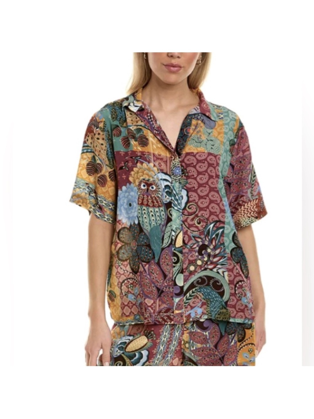 Johnny Was Vibrant Silk Patchwork & Owl Print Blouse